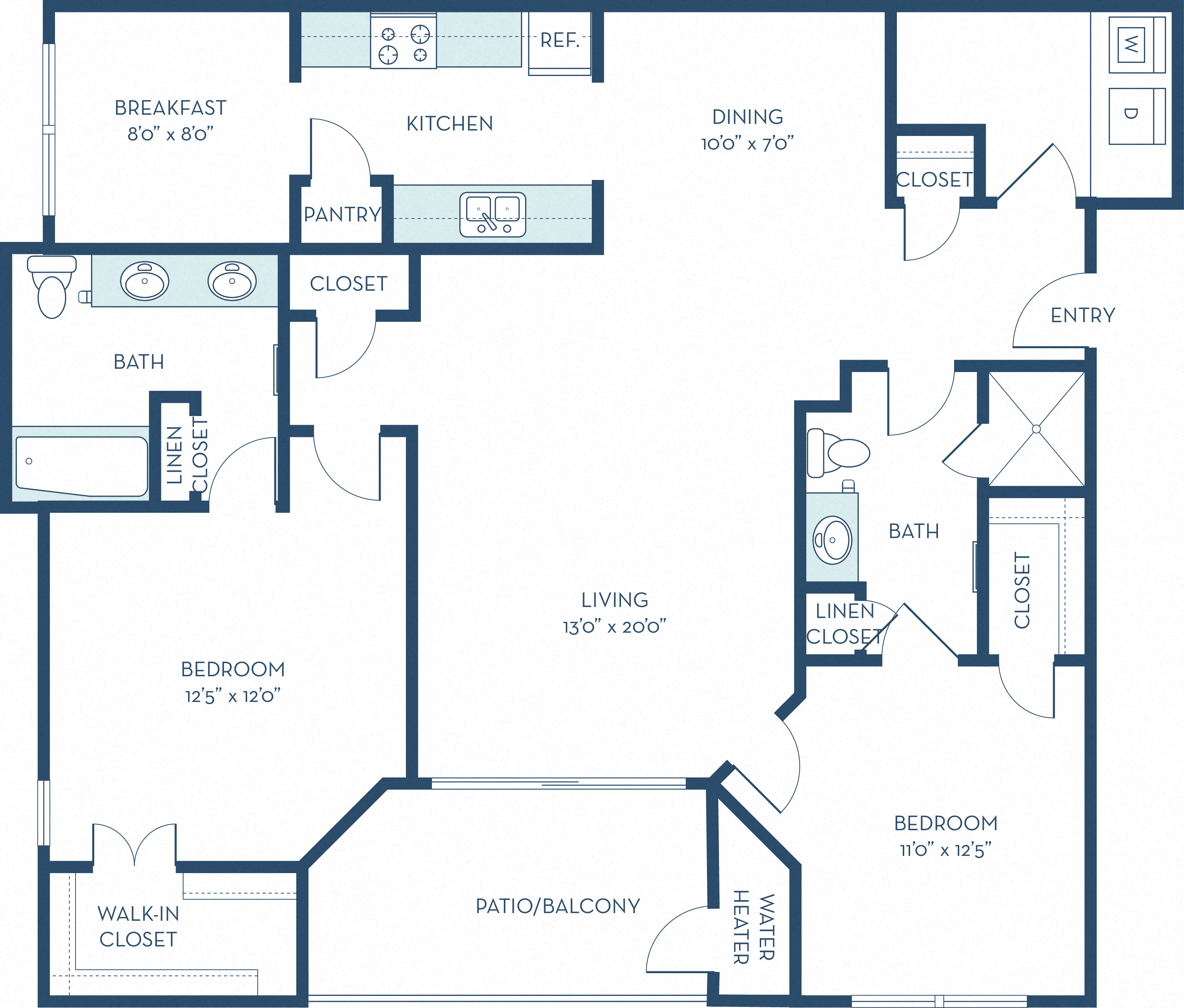 Floor plan for 2 beds, 2 baths, 1188 sqft